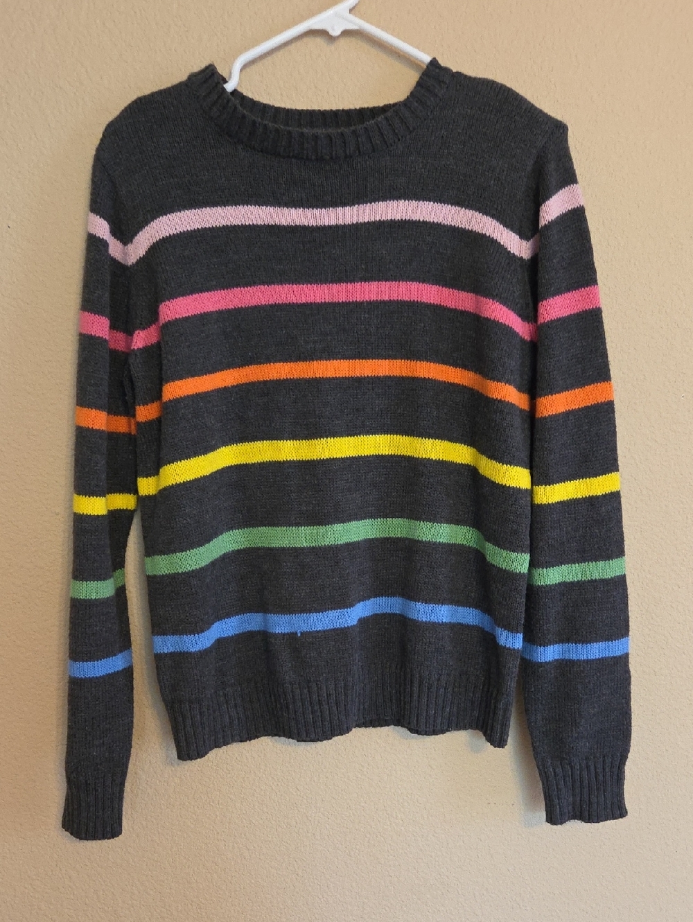 Charcoal Crewneck Sweater with Rainbow Stripes
